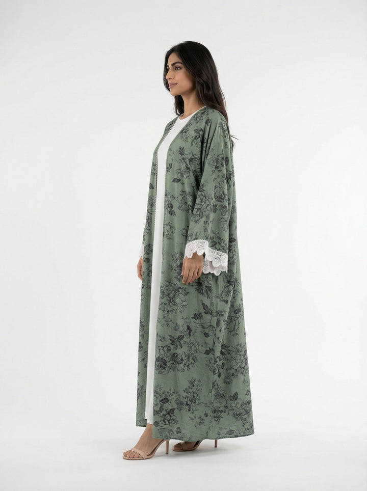 Green Floral Printed Open Abaya with Lace Sleeves - Abaya Elegance