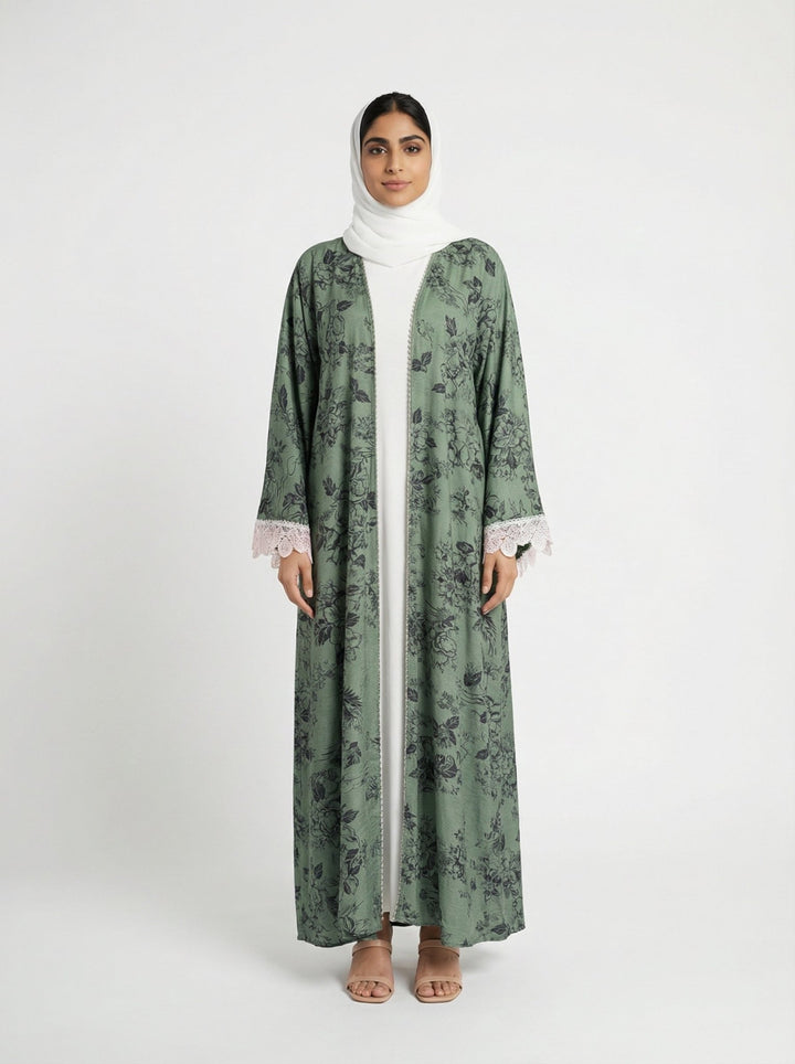 Green Floral Printed Open Abaya with Lace Sleeves - Abaya Elegance