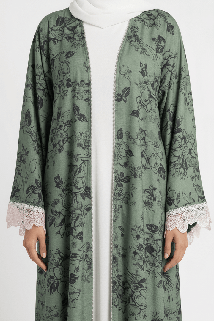 Green Floral Printed Open Abaya with Lace Sleeves - Abaya Elegance
