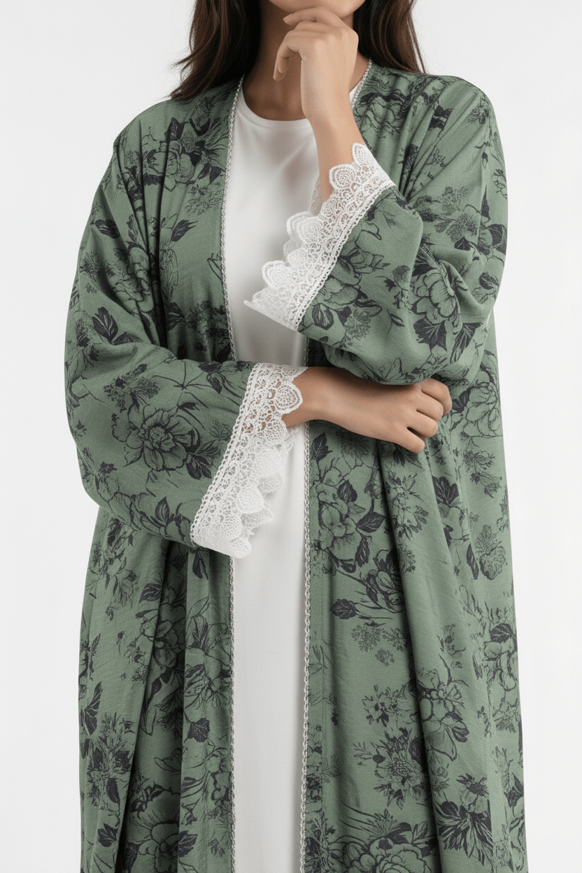 Green Floral Printed Open Abaya with Lace Sleeves - Abaya Elegance