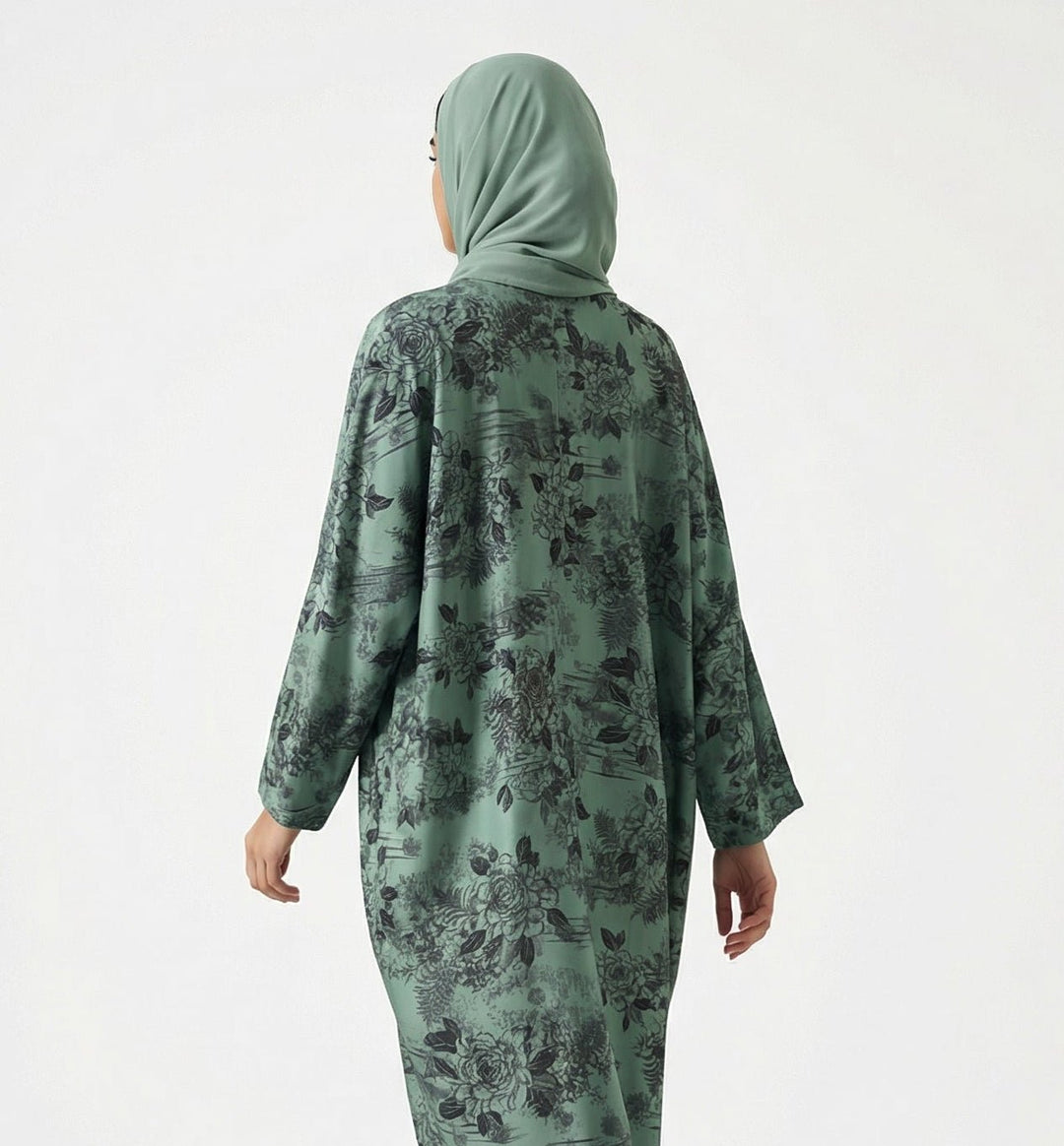 Green Floral Printed Open Abaya with Lace Sleeves - Abaya Elegance