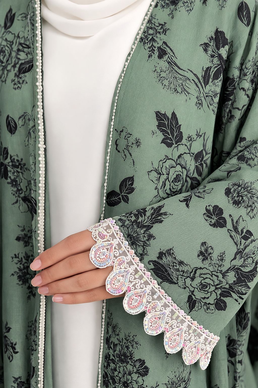 Green Floral Printed Open Abaya with Lace Sleeves - Abaya Elegance
