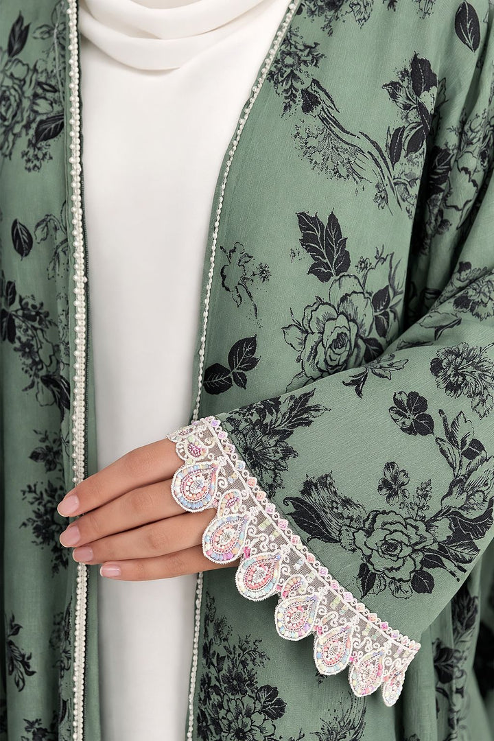 Green Floral Printed Open Abaya with Lace Sleeves - Abaya Elegance