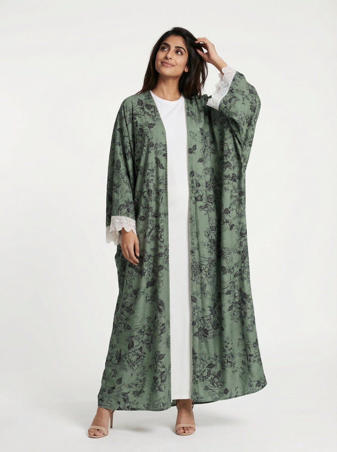Green Floral Printed Open Abaya with Lace Sleeves - Abaya Elegance