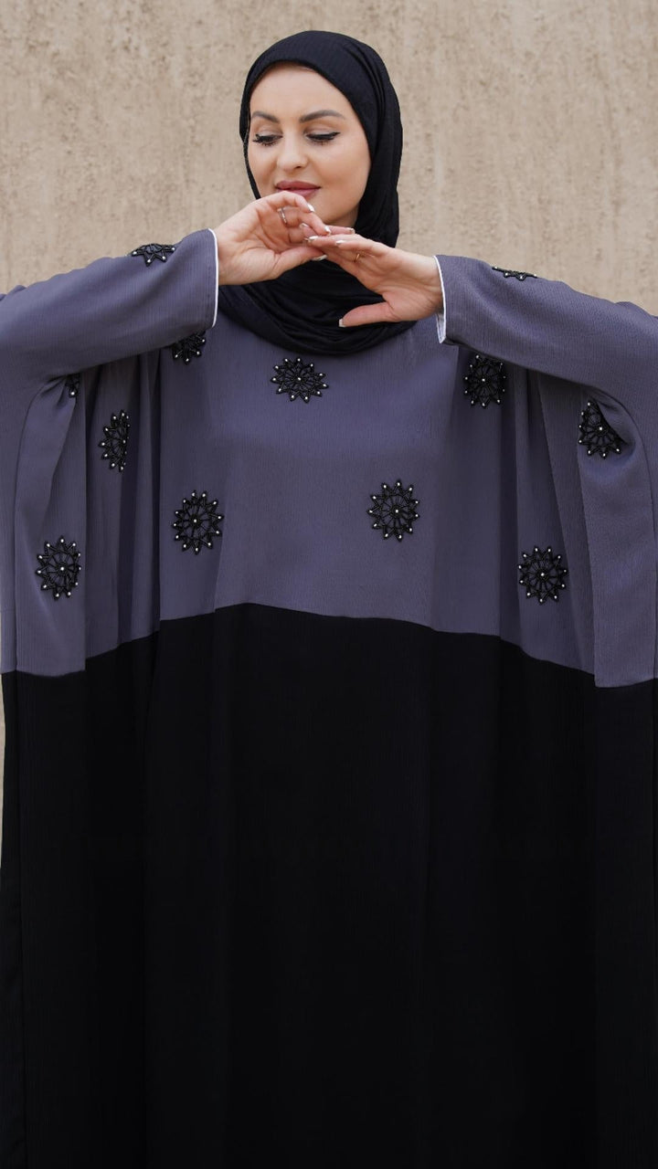 Kaftan with Crystal Work on the Front in Black and Grey - Abaya Elegance