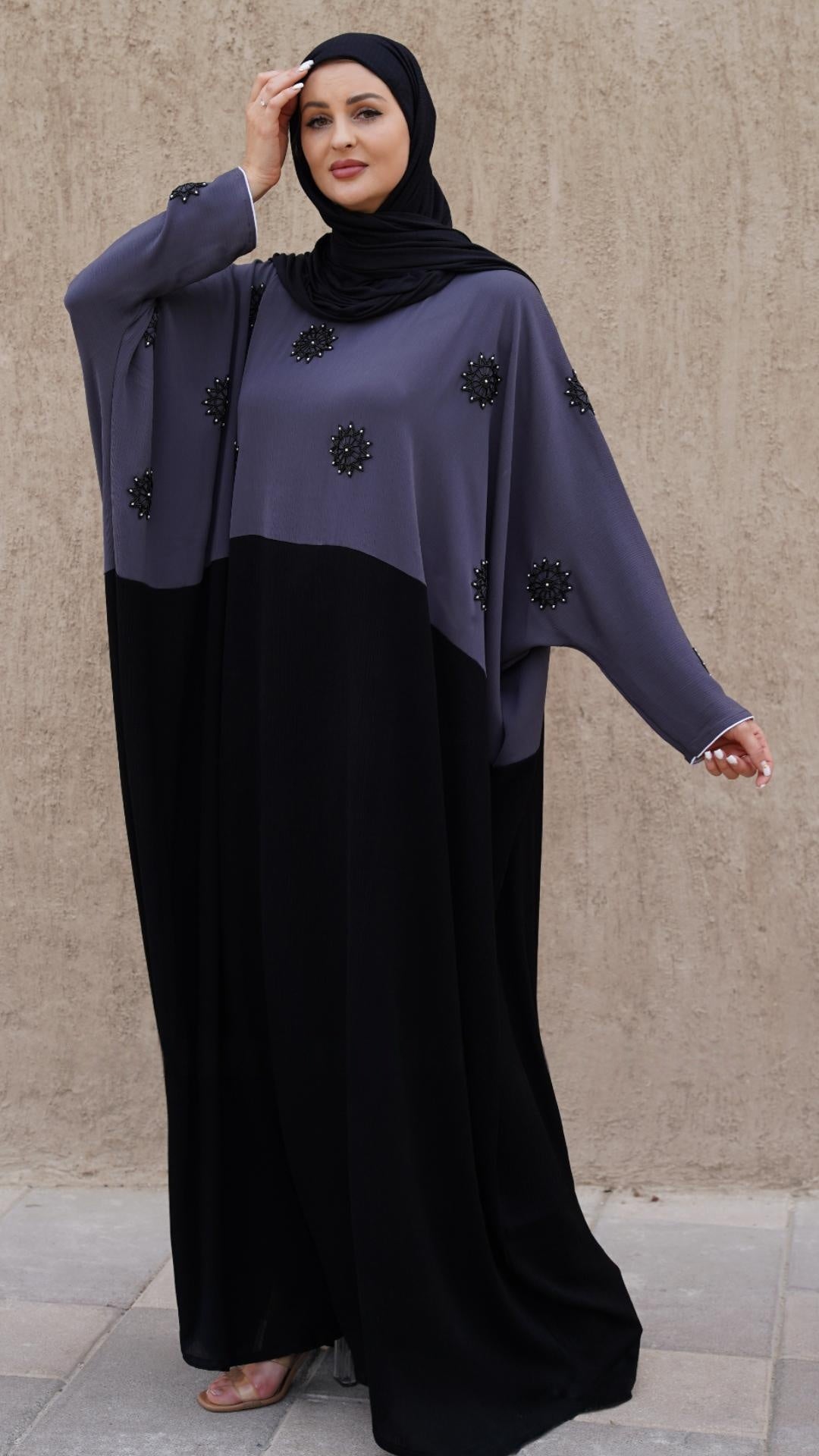 Kaftan with Crystal Work on the Front in Black and Grey - Abaya Elegance