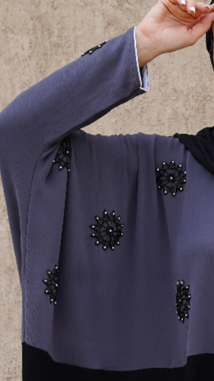 Kaftan with Crystal Work on the Front in Black and Grey - Abaya Elegance