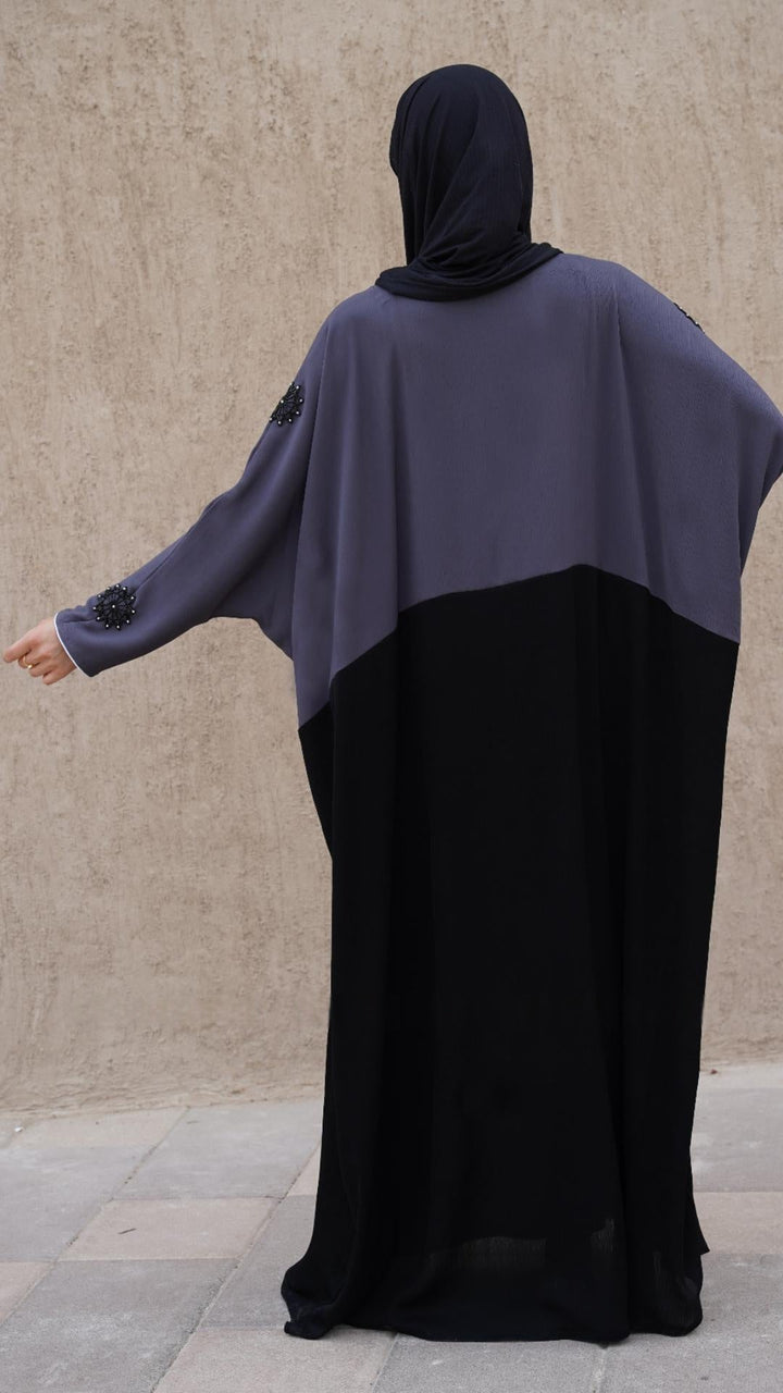 Kaftan with Crystal Work on the Front in Black and Grey - Abaya Elegance