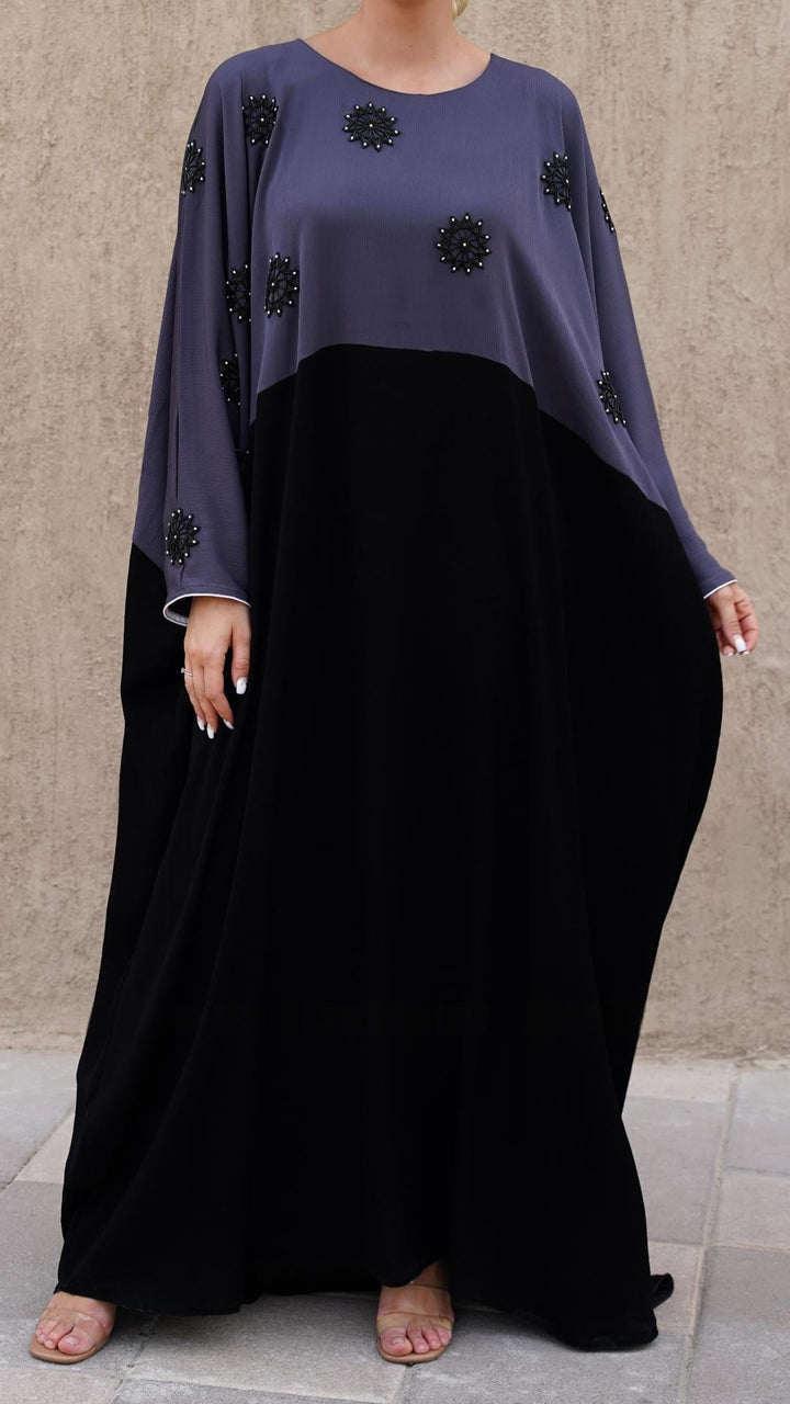 Kaftan with Crystal Work on the Front in Black and Grey - Abaya Elegance