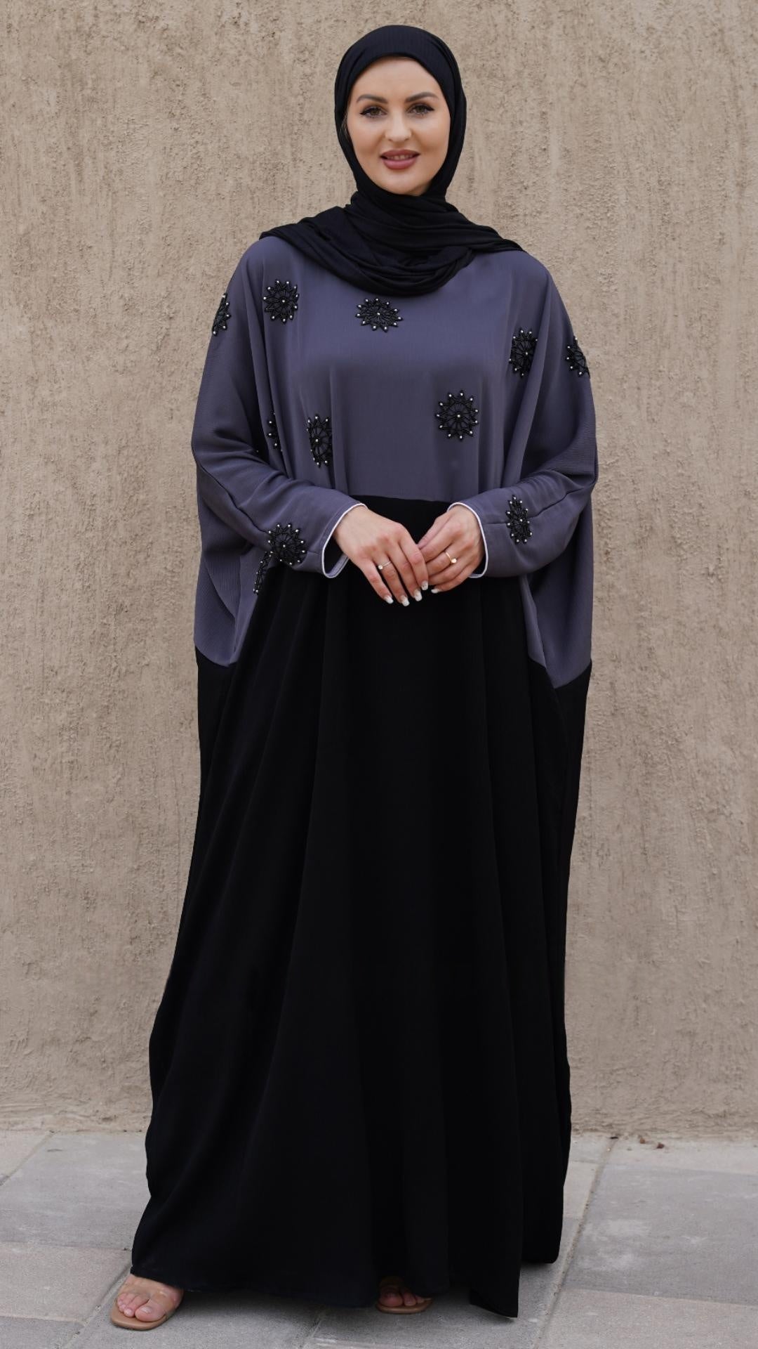 Kaftan with Crystal Work on the Front in Black and Grey - Abaya Elegance