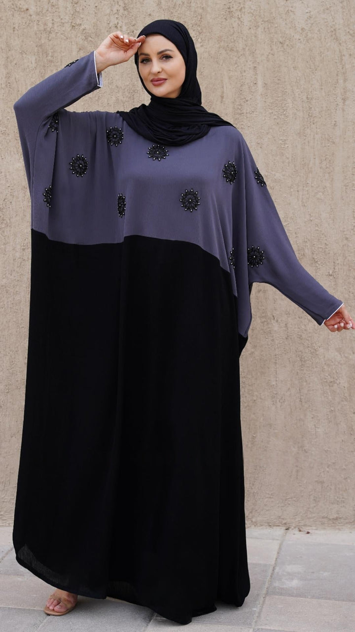 Kaftan with Crystal Work on the Front in Black and Grey - Abaya Elegance