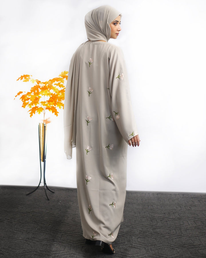 Light Grey Embroidered Front Open Abaya - Abaya Elegance