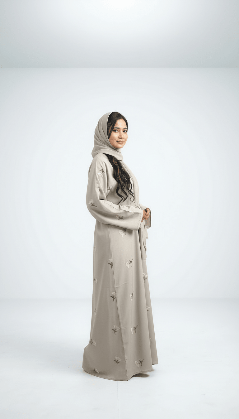 Light Grey Embroidered Front Open Abaya - Abaya Elegance