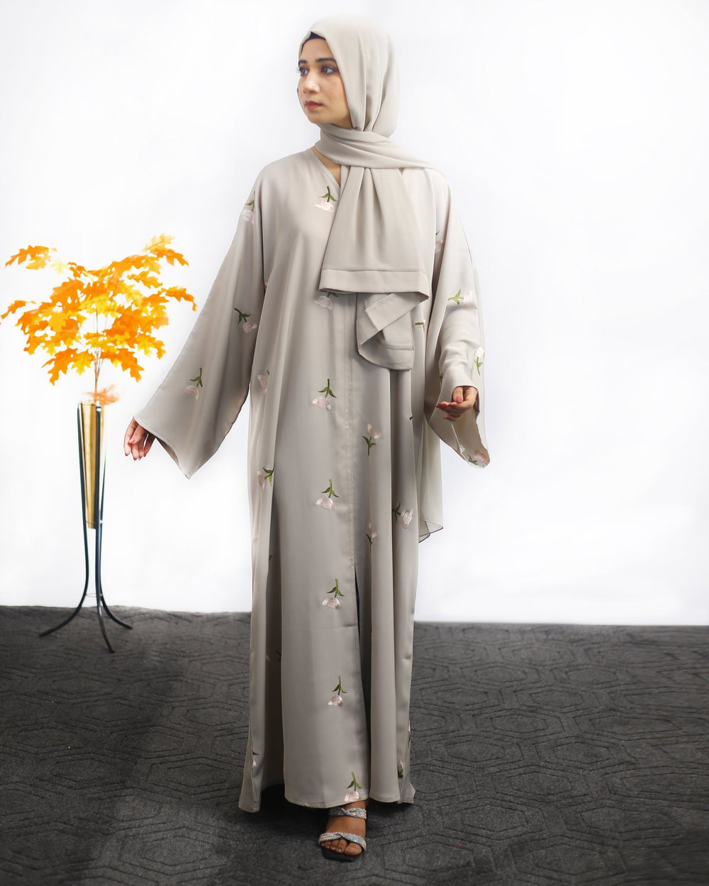 Light Grey Embroidered Front Open Abaya - Abaya Elegance
