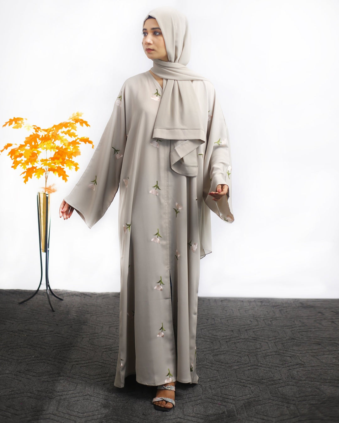 Light Grey Embroidered Front Open Abaya - Abaya Elegance