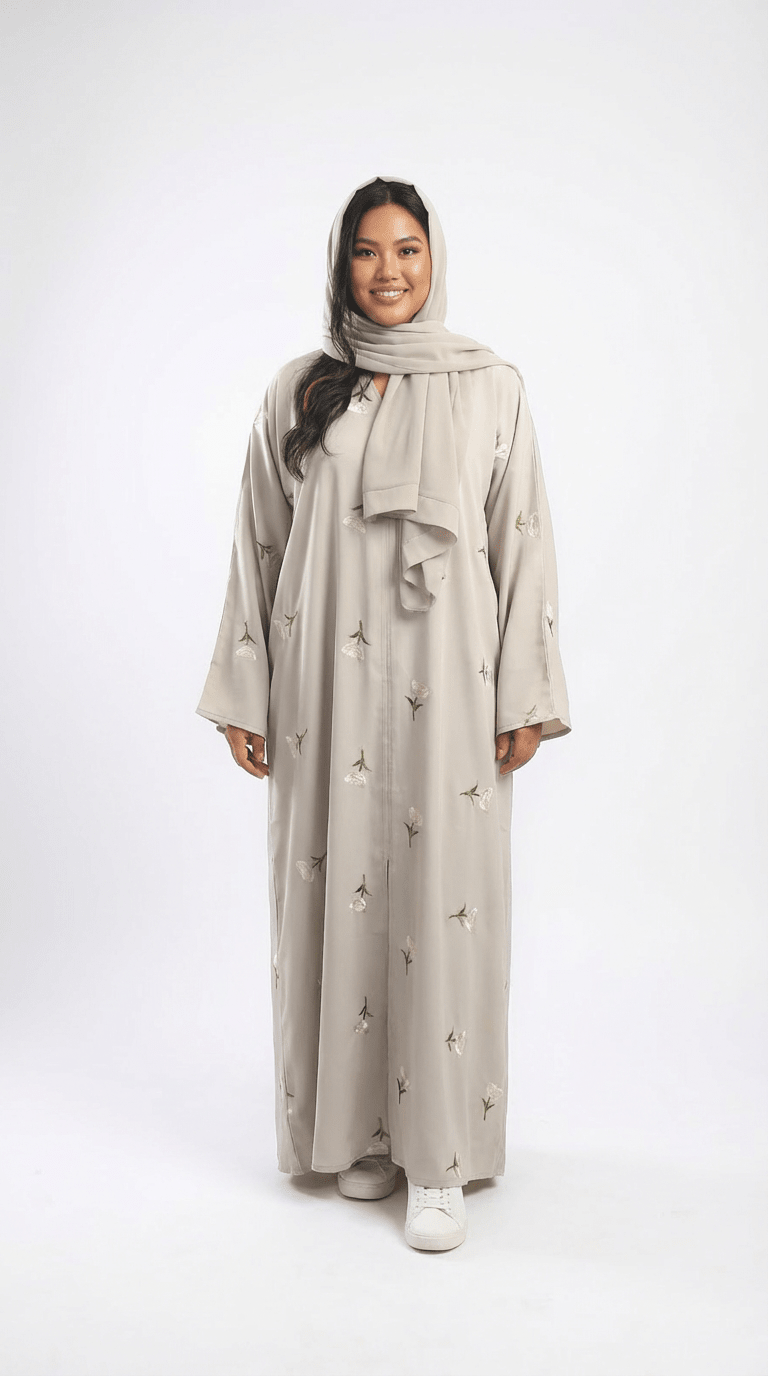 Light Grey Embroidered Front Open Abaya - Abaya Elegance