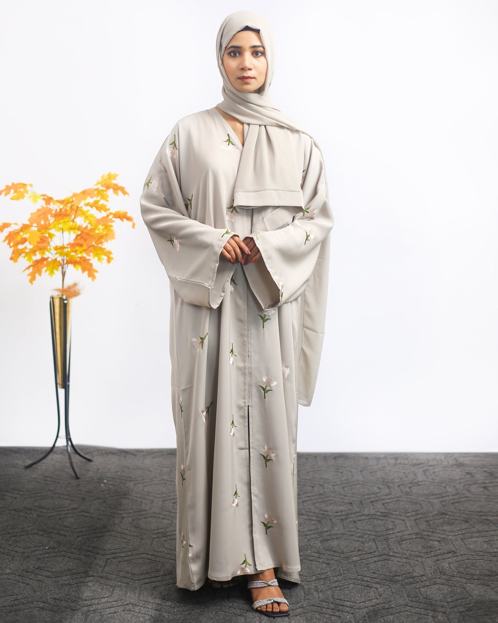 Light Grey Embroidered Front Open Abaya - Abaya Elegance