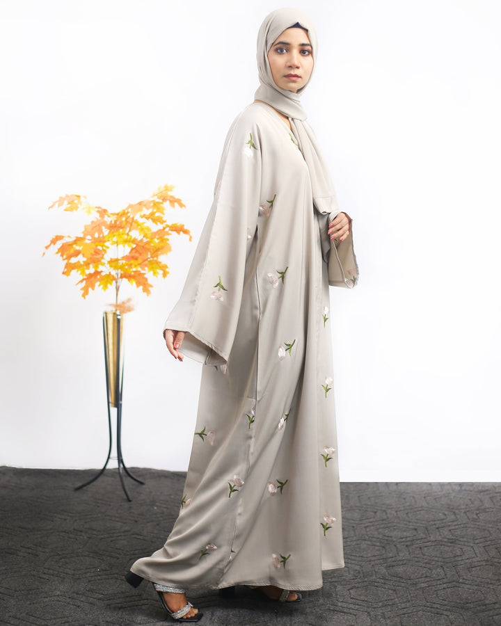 Light Grey Embroidered Front Open Abaya - Abaya Elegance