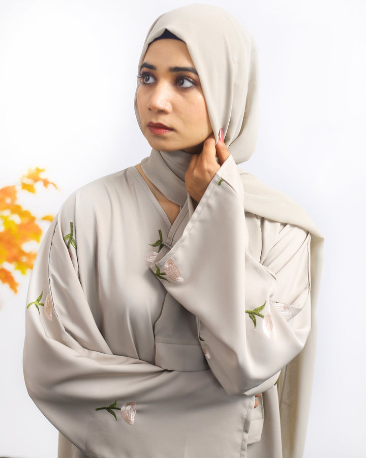 Light Grey Embroidered Front Open Abaya - Abaya Elegance