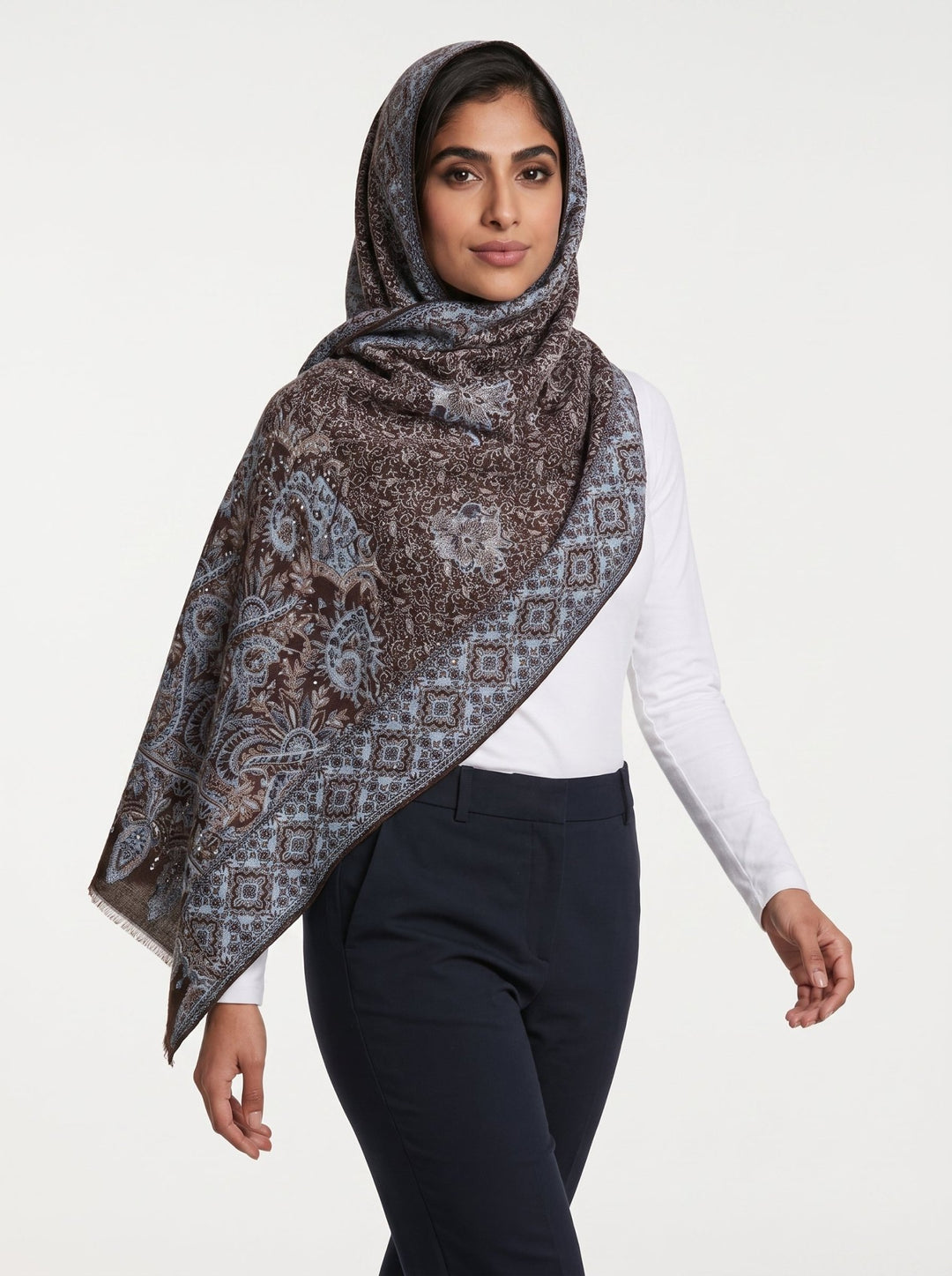 Luxury Cashmere Floral Paisley Shawl – Espresso Blue | Premium Soft Wrap - Abaya Elegance