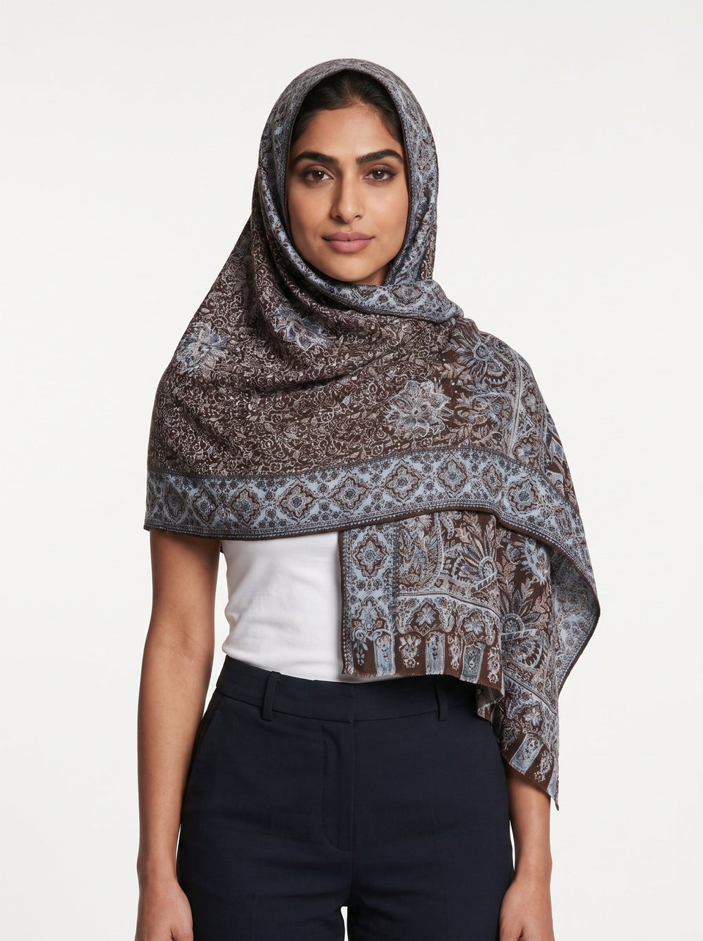 Luxury Cashmere Floral Paisley Shawl – Espresso Blue | Premium Soft Wrap - Abaya Elegance