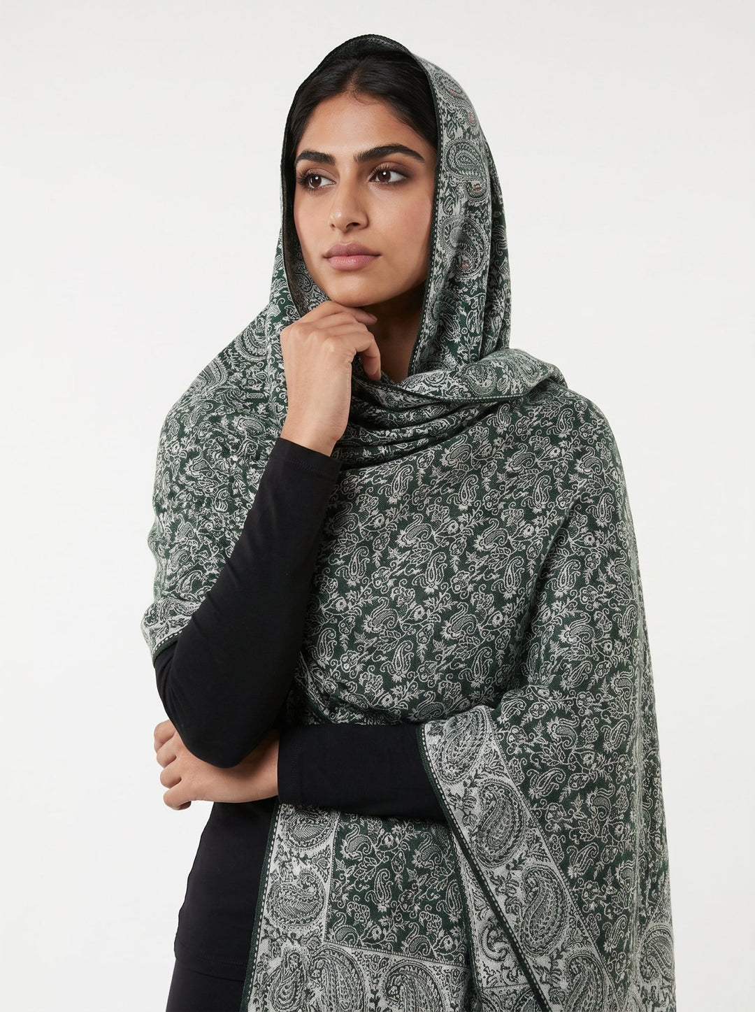 Luxury Cashmere Paisley Shawl – Emerald Sage | Premium Soft Wrap - Abaya Elegance