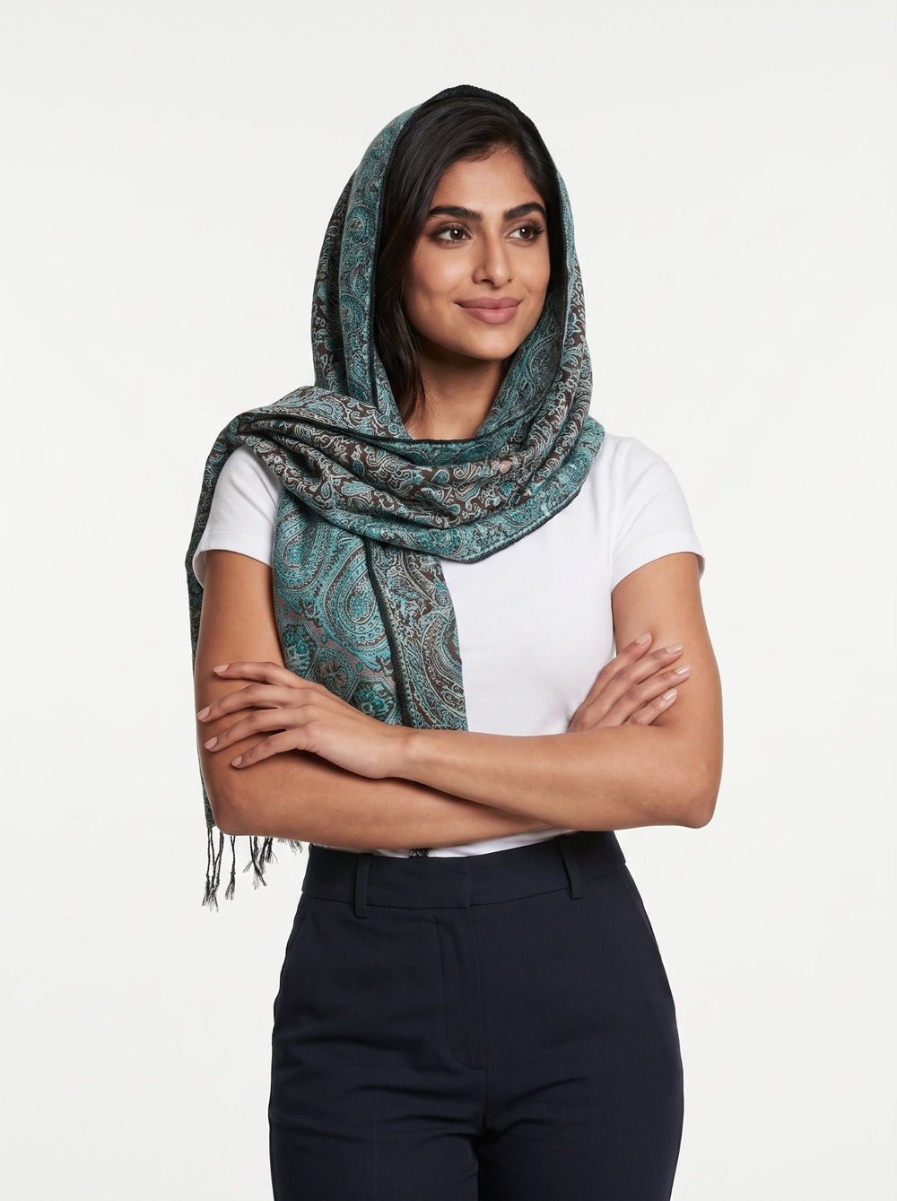 Luxury Cashmere Paisley Shawl – Teal Mocha | Premium Soft Wrap - Abaya Elegance