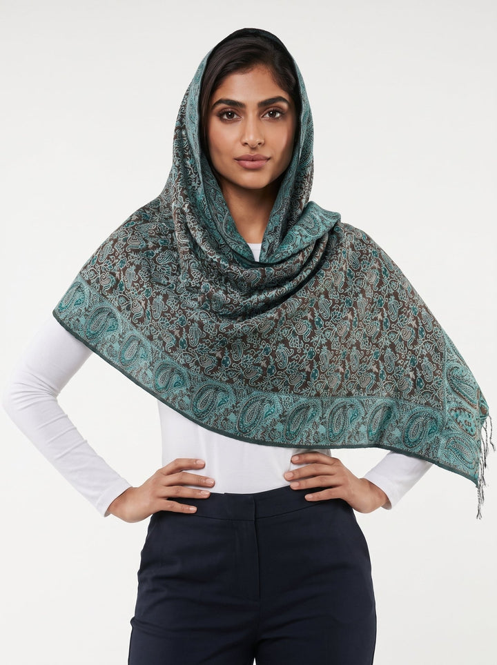 Luxury Cashmere Paisley Shawl – Teal Mocha | Premium Soft Wrap - Abaya Elegance