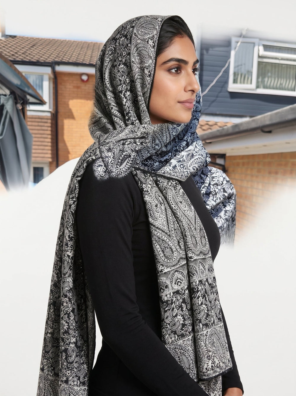 Luxury Kashmiri Paisley Shawl – Midnight Silver | Reversible Soft Sparkle Hijab Wrap - Abaya Elegance