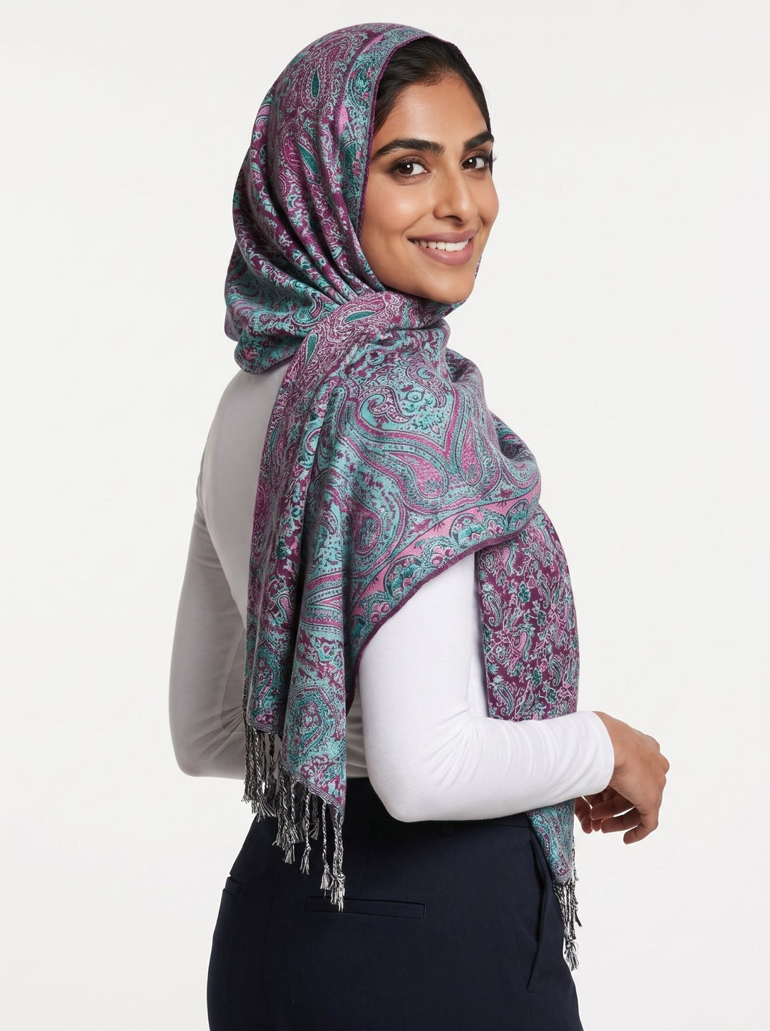 Luxury Kashmiri Paisley Shawl – Royal Turquoise & Mulberry | Premium Soft Reversible Hijab Wrap - Abaya Elegance
