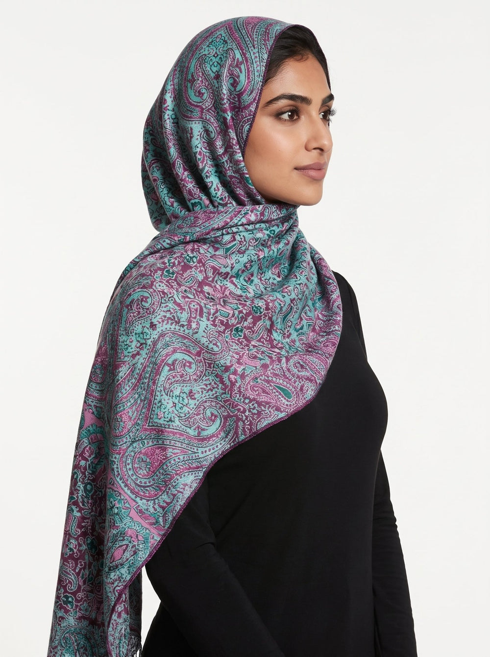 Luxury Kashmiri Paisley Shawl – Royal Turquoise & Mulberry | Premium Soft Reversible Hijab Wrap - Abaya Elegance