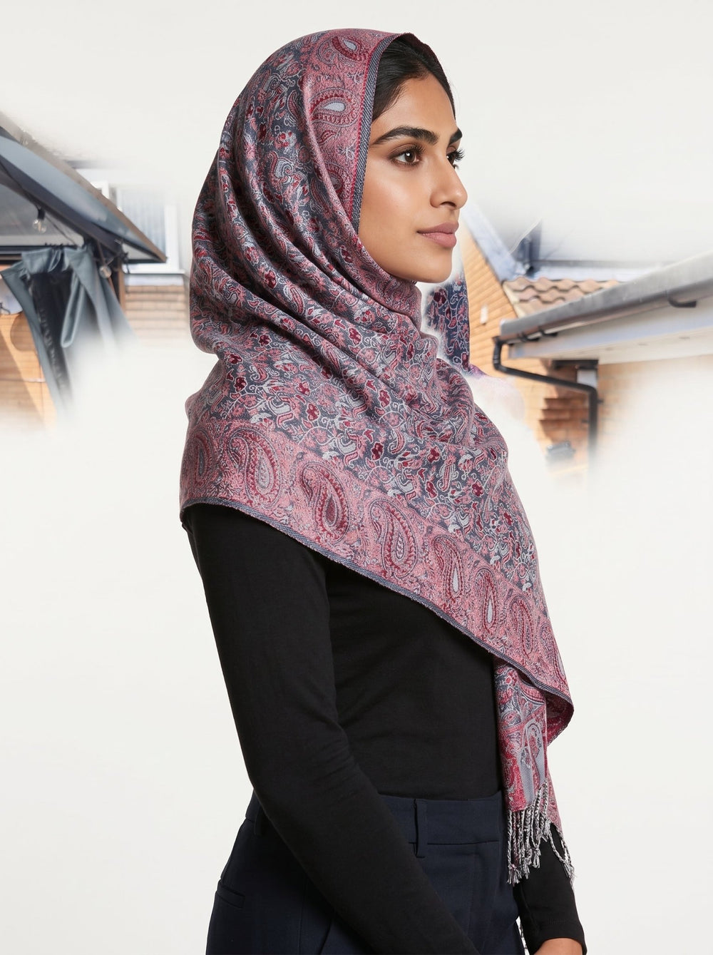 Luxury Kashmiri Paisley Shawl – Vintage Rose & Slate Blue | Premium Soft Reversible Hijab Wrap - Abaya Elegance