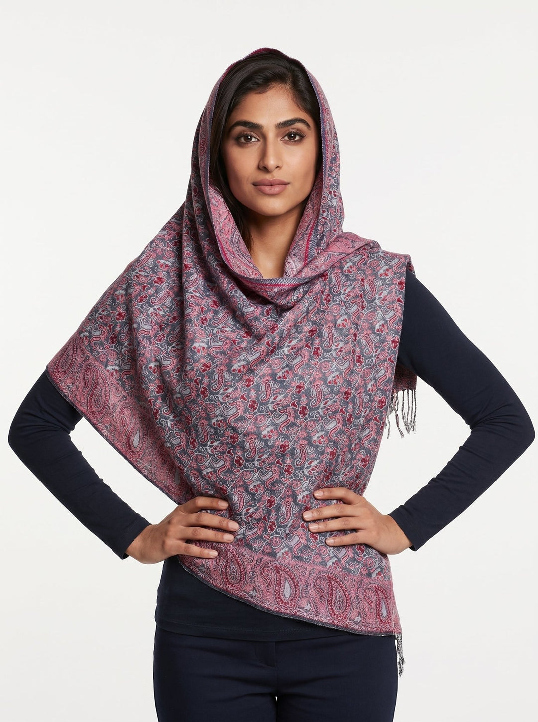 Luxury Kashmiri Paisley Shawl – Vintage Rose & Slate Blue | Premium Soft Reversible Hijab Wrap - Abaya Elegance