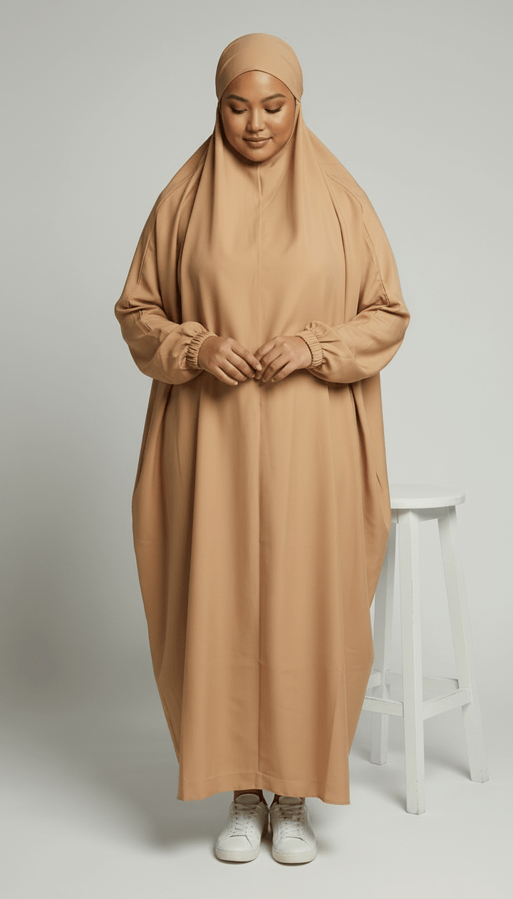 Luxury One-Piece Prayer Abaya with Matching Niqab – Sand Beige | Made in Dubai - Abaya Elegance