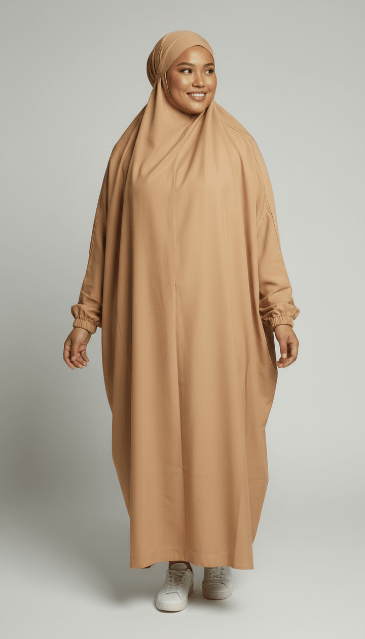 Luxury One-Piece Prayer Abaya with Matching Niqab – Sand Beige | Made in Dubai - Abaya Elegance