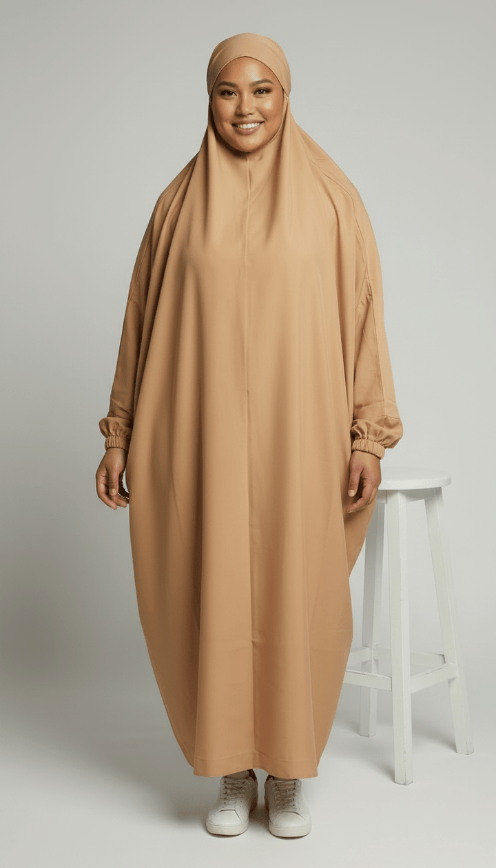 Luxury One-Piece Prayer Abaya with Matching Niqab – Sand Beige | Made in Dubai - Abaya Elegance