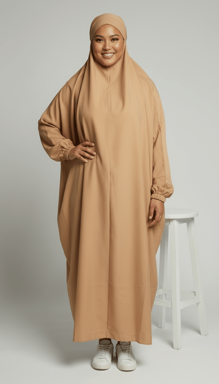 Luxury One-Piece Prayer Abaya with Matching Niqab – Sand Beige | Made in Dubai - Abaya Elegance