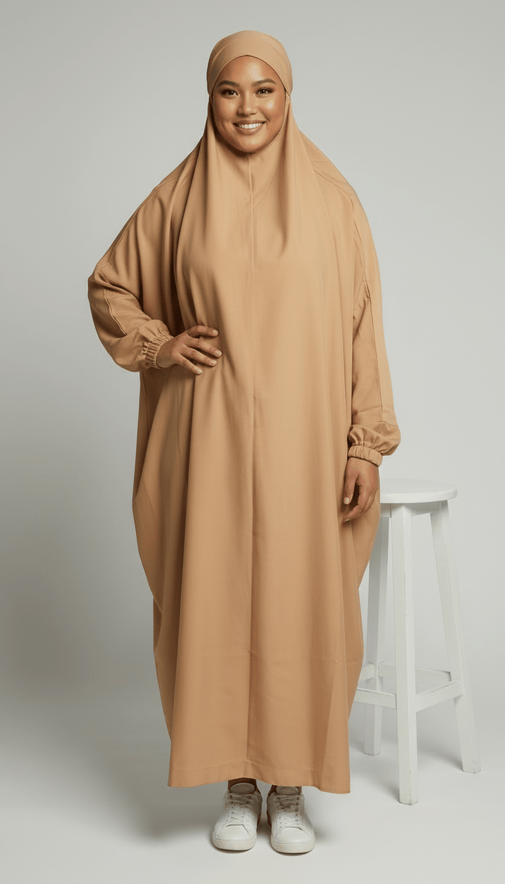 Luxury One-Piece Prayer Abaya with Matching Niqab – Sand Beige | Made in Dubai - Abaya Elegance