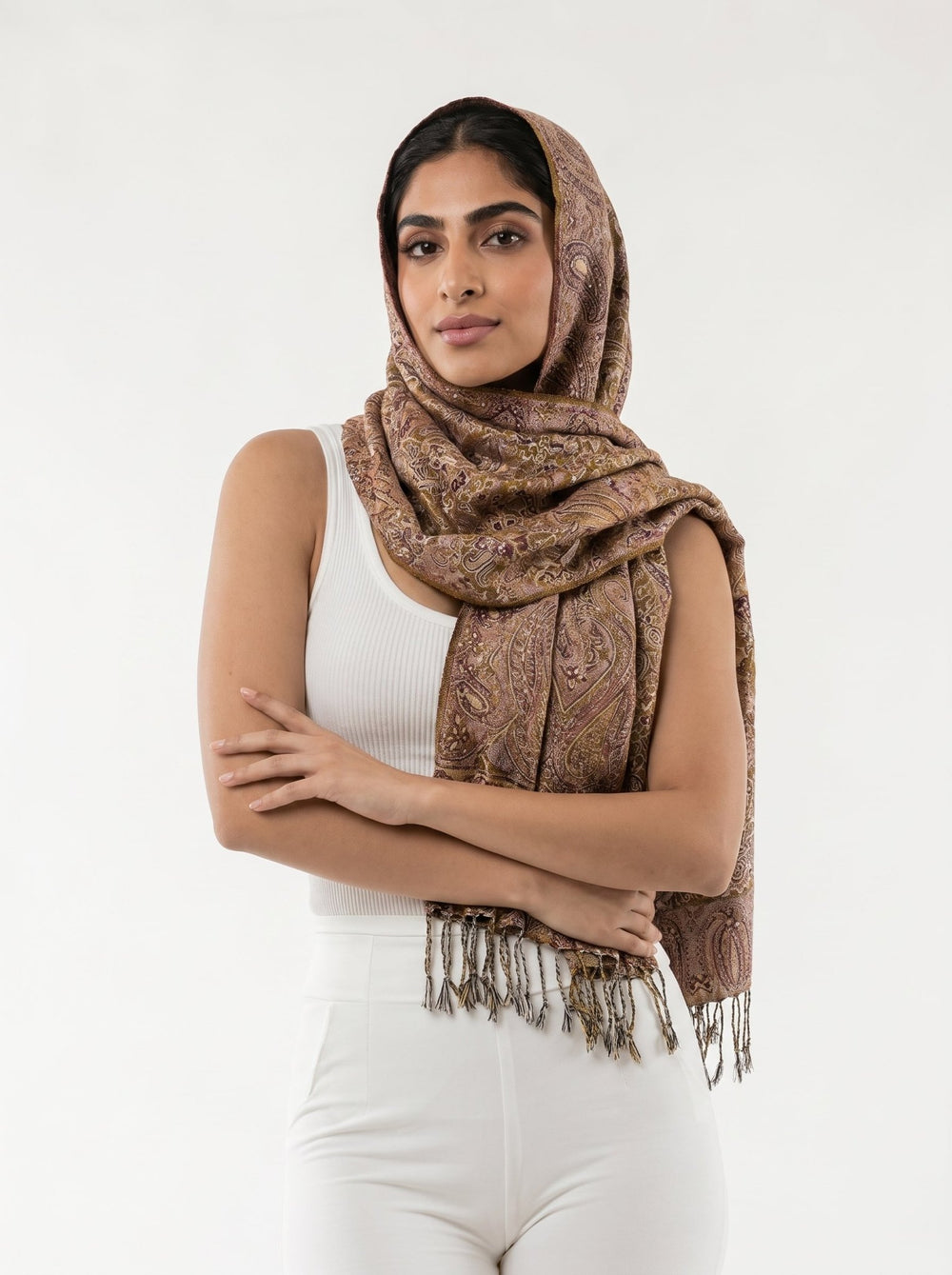 Luxury Paisley Embellished Shawl – Antique Gold - Abaya Elegance