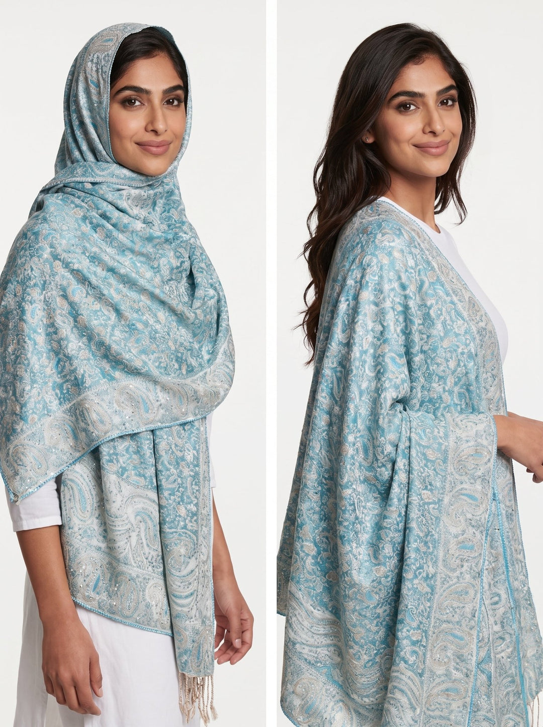 Luxury Sky Blue Paisley Cashmere Shawl – Soft Elegant Wrap for Every Occasion - Abaya Elegance