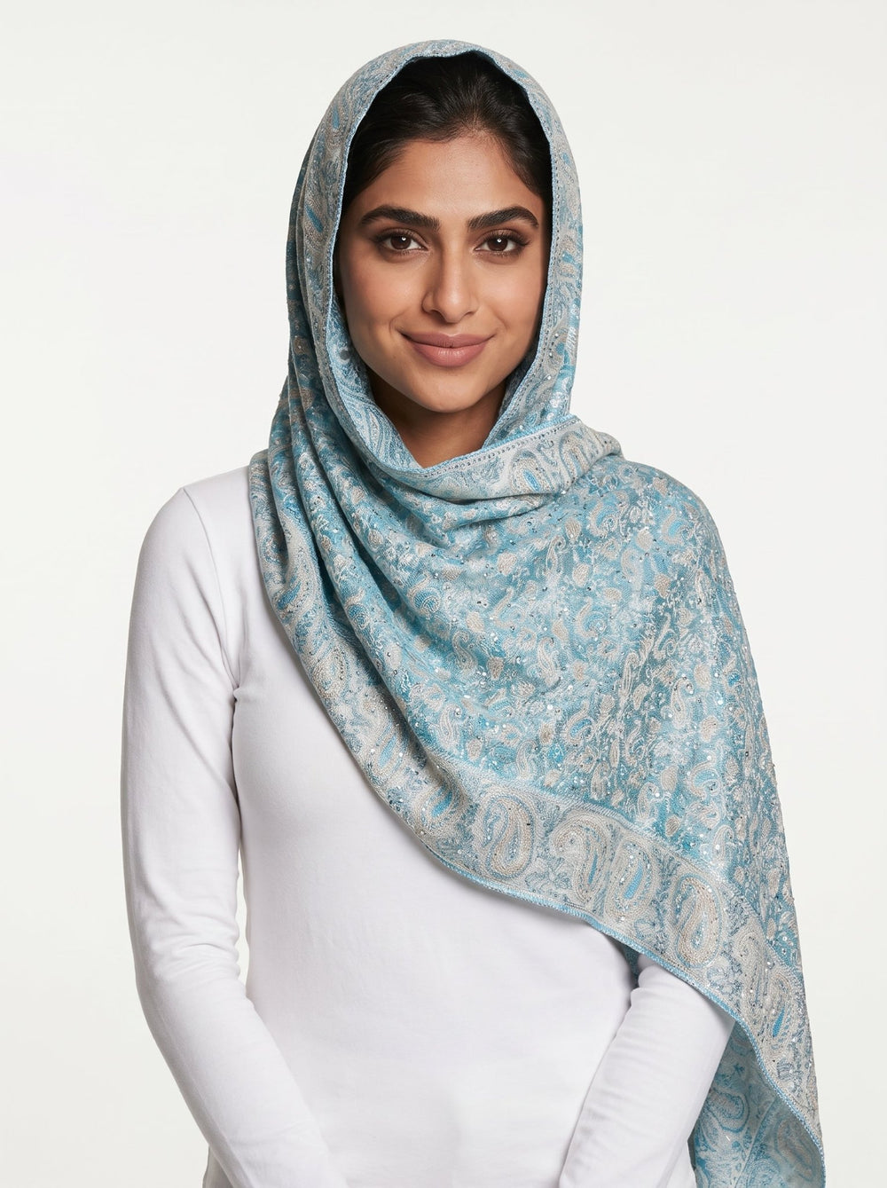 Luxury Sky Blue Paisley Cashmere Shawl – Soft Elegant Wrap for Every Occasion - Abaya Elegance
