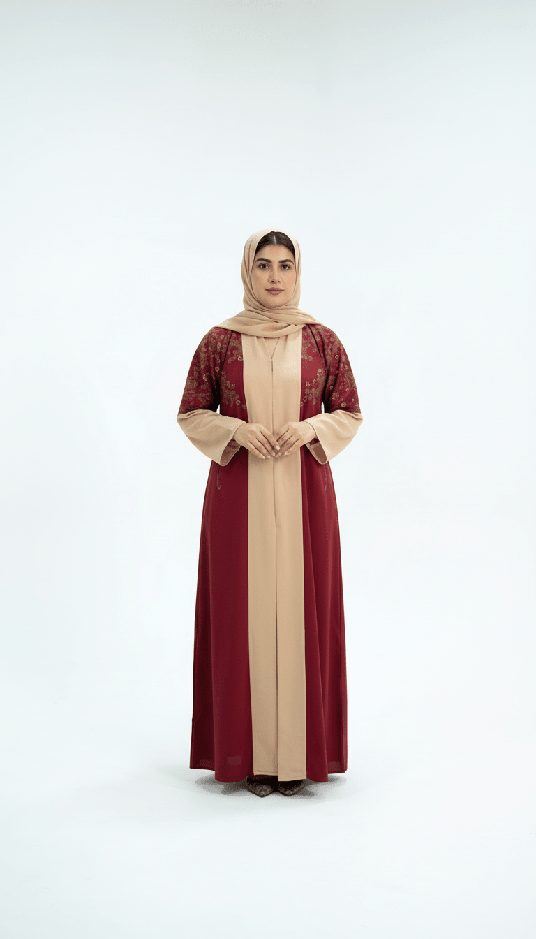 Maroon &amp; Beige Belted Contrast Abaya - Abaya Elegance