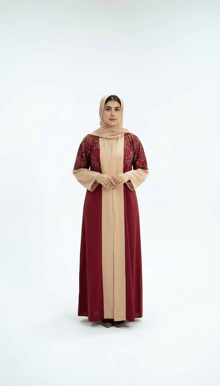 Maroon &amp; Beige Belted Contrast Abaya - Abaya Elegance