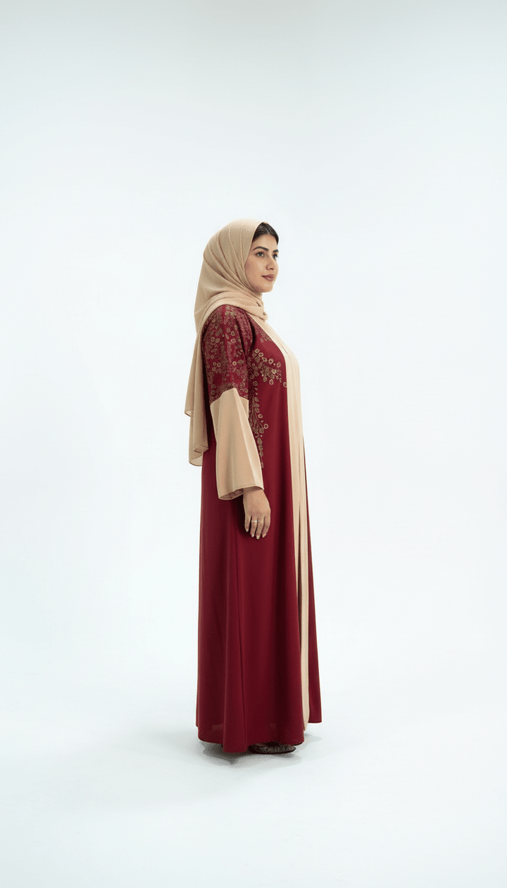 Maroon &amp; Beige Belted Contrast Abaya - Abaya Elegance