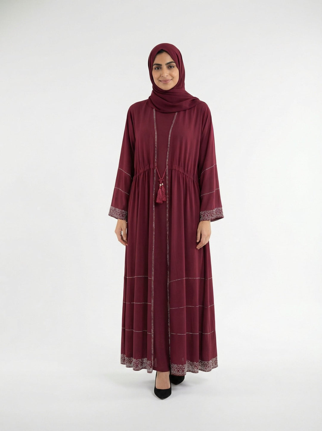 Maroon Front Open Abaya with Tassel Detail - Abaya Elegance
