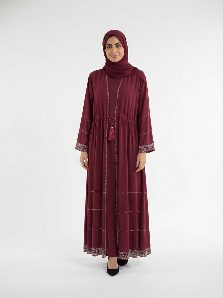 Maroon Front Open Abaya with Tassel Detail - Abaya Elegance