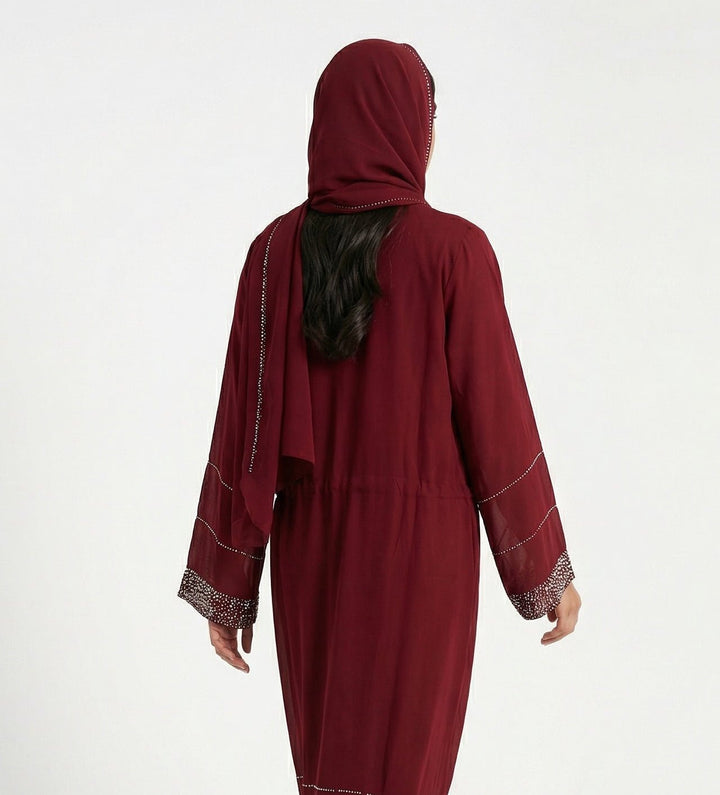 Maroon Front Open Abaya with Tassel Detail - Abaya Elegance