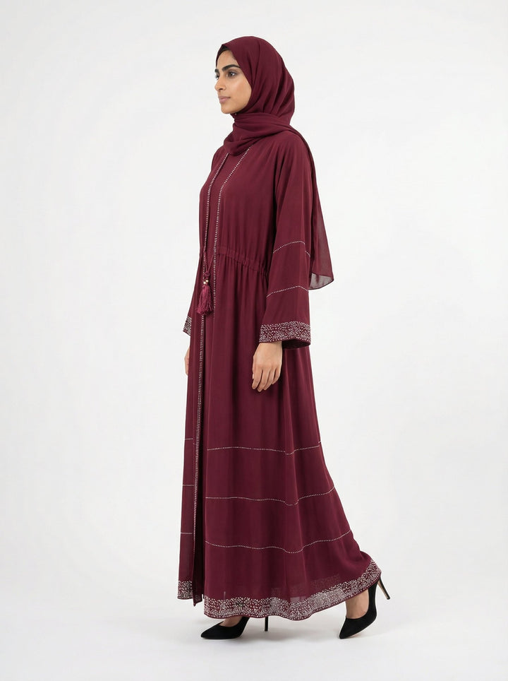 Maroon Front Open Abaya with Tassel Detail - Abaya Elegance