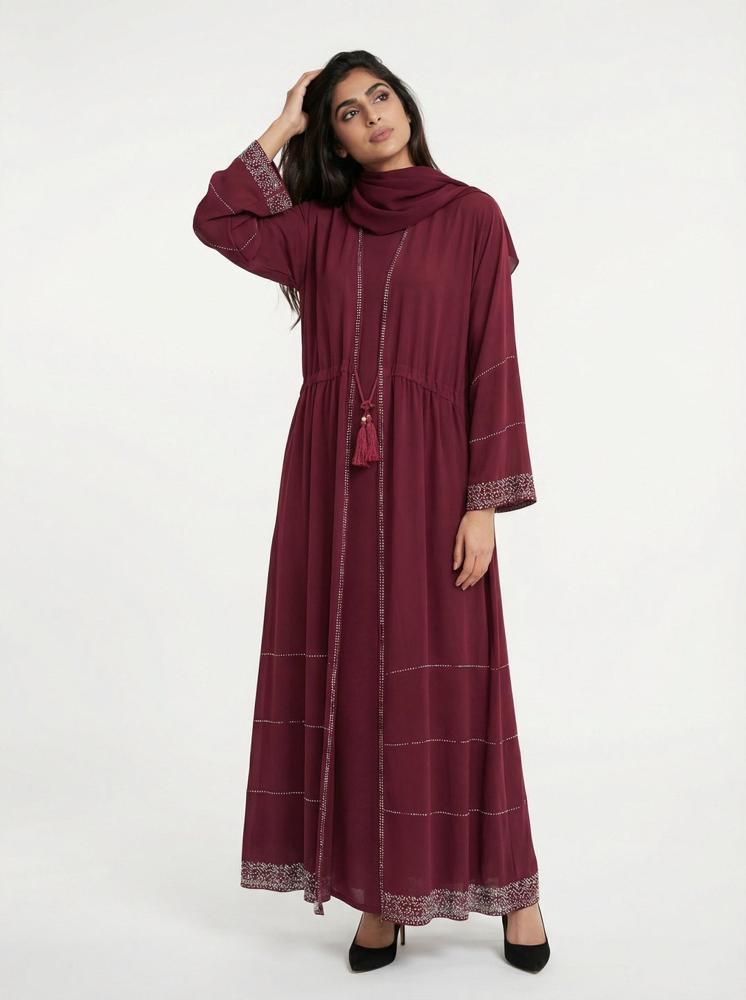 Maroon Front Open Abaya with Tassel Detail - Abaya Elegance