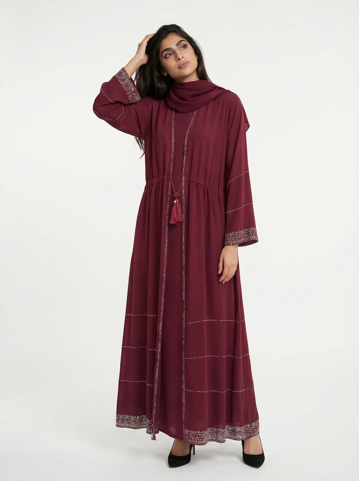 Maroon Front Open Abaya with Tassel Detail - Abaya Elegance
